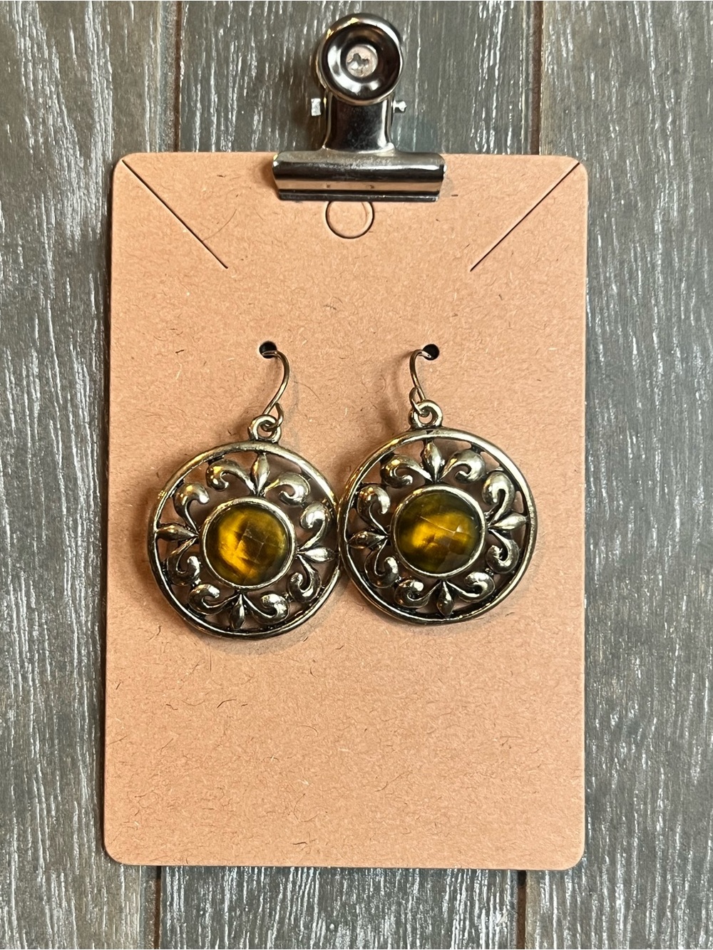 Vintage Silver-Tone Round Drop Earrings with Amber Center